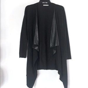 Zara Knit Faux Leather Trim Open Drape Cardigan